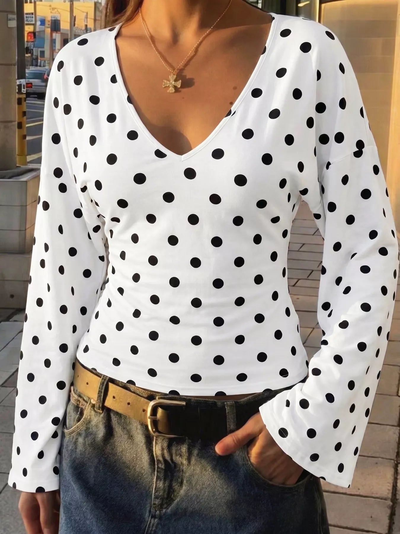 Polka Dot V-Neck Long Sleeve T-Shirt