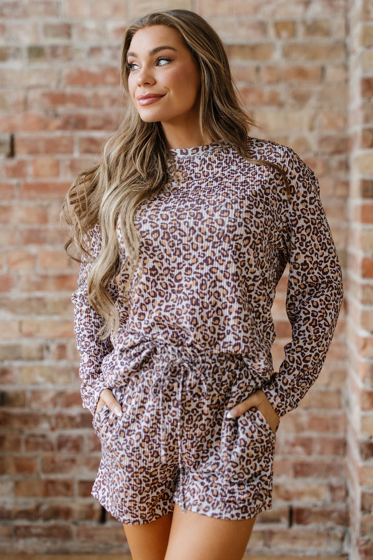 Leopard Ribbed Long Sleeve Top and Shorts Set