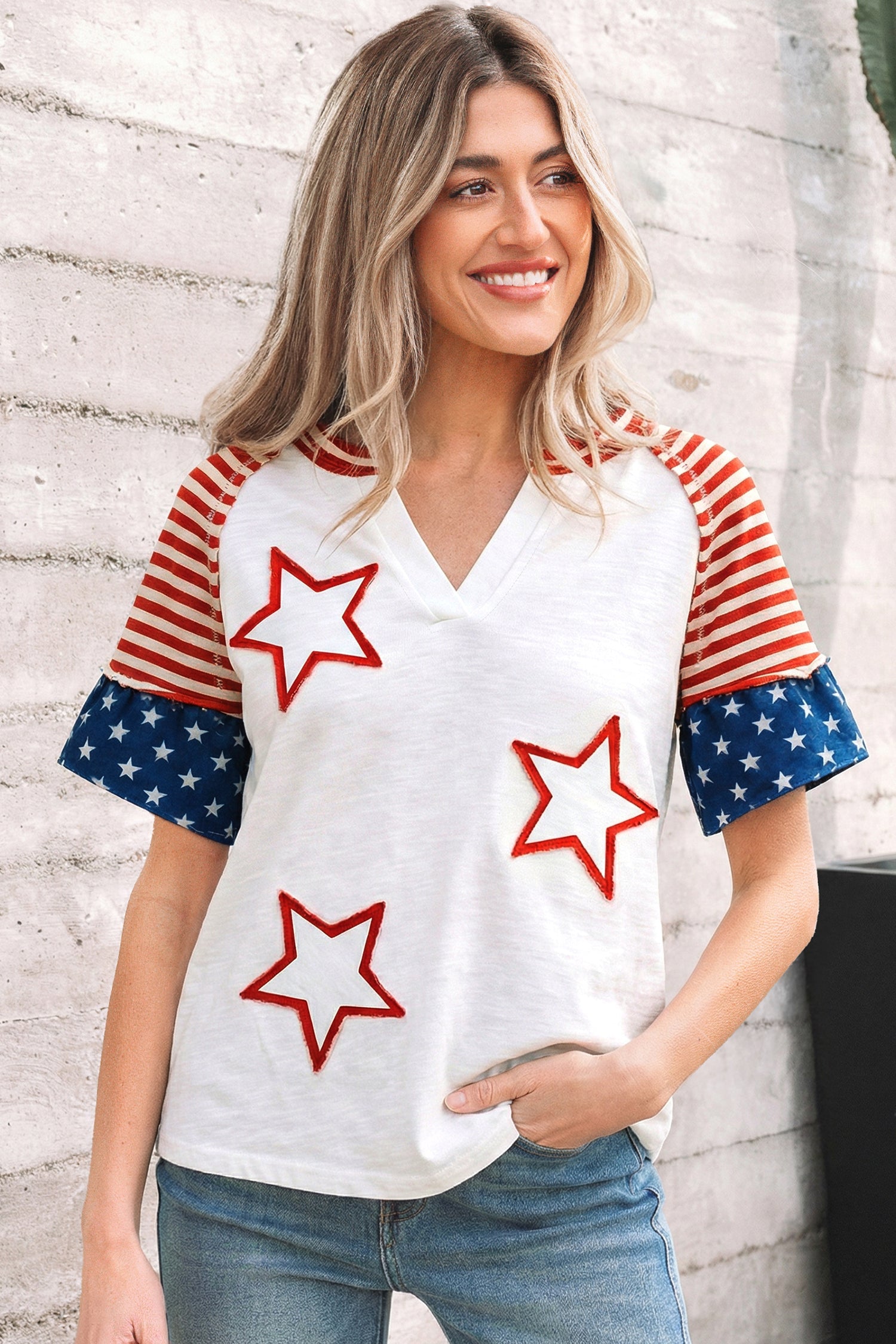 Fiery Red Star Detail Flag Inspired Short Sleeve Top