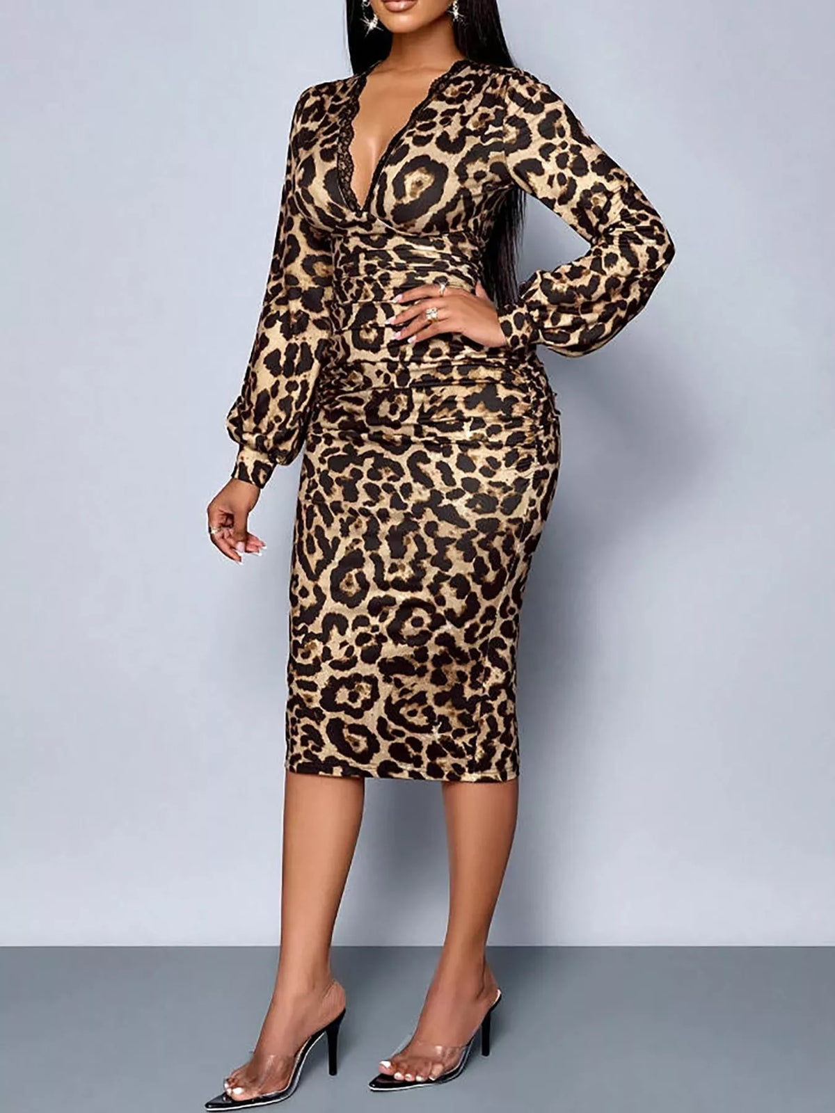 Lace Detail V-Neck Bodycon Midi Dress