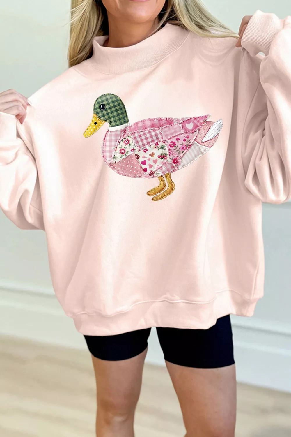 Patchwork Mallard Printed Graphic Mock Neck Pullover Sweatshirt