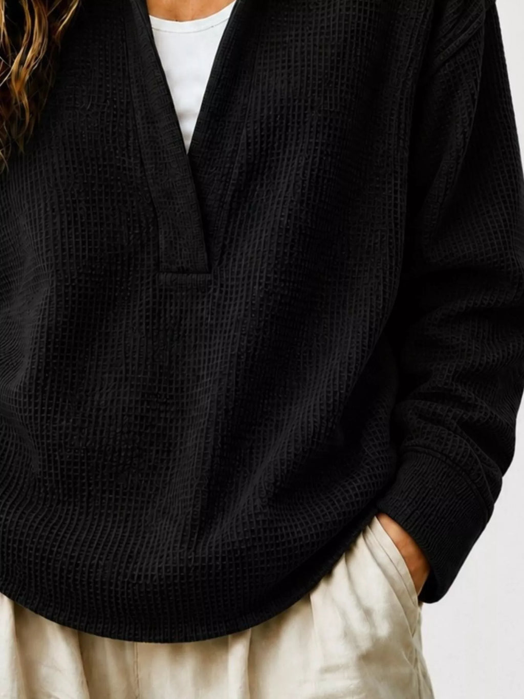Full Size Waffle Knit Dropped Shoulder Sweatshirt Plus Size