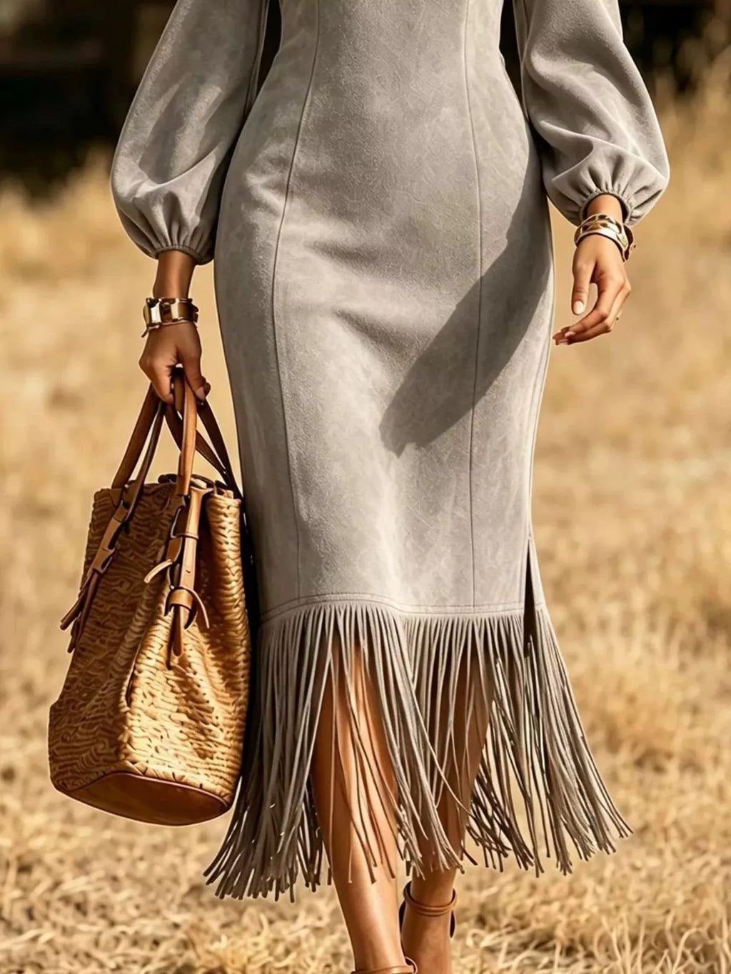 Fringe Hem Balloon Sleeve Midi Dress