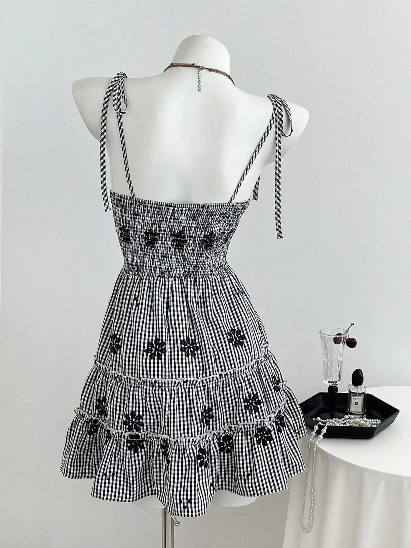 Gingham Floral Tiered Mini Dress