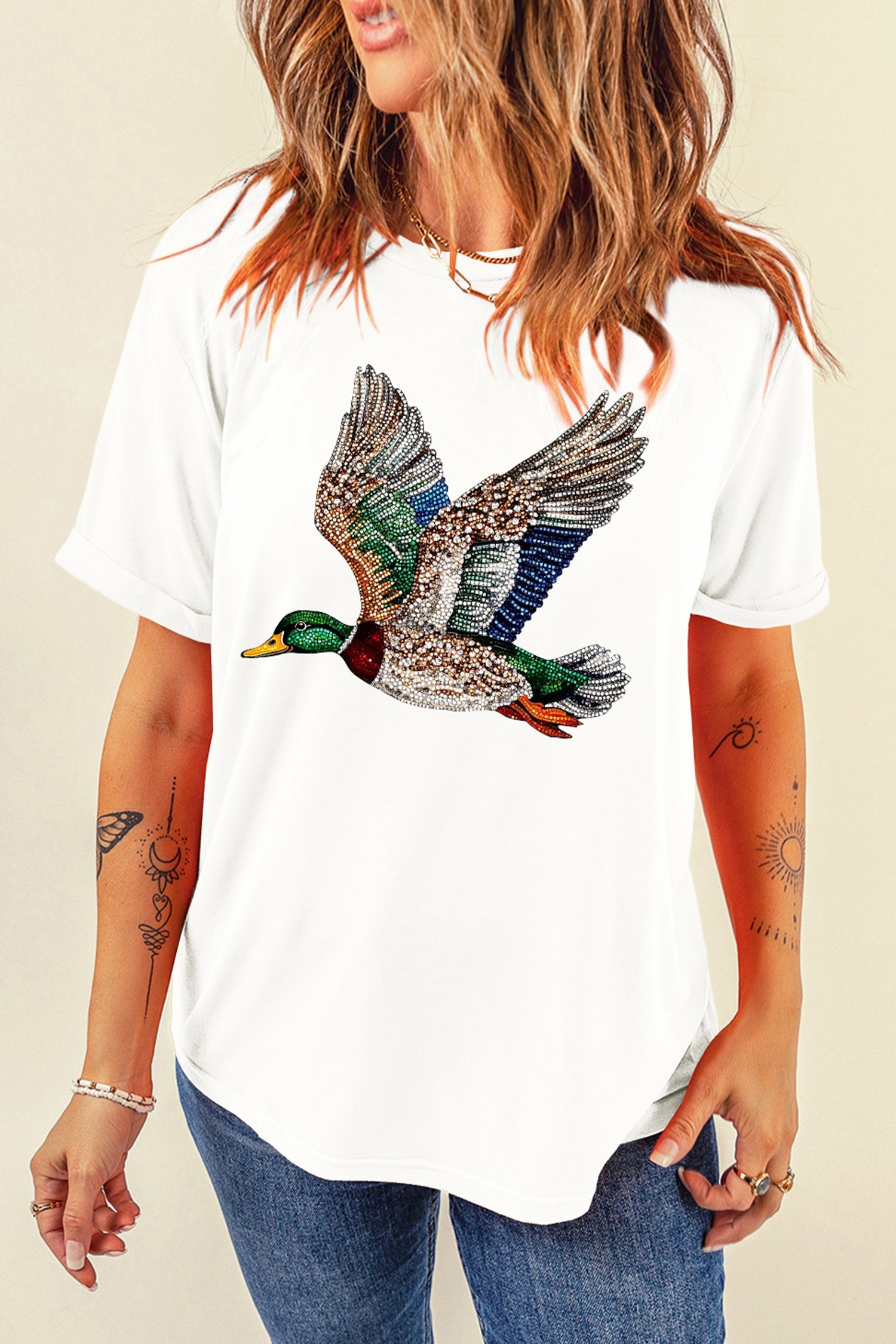 White Flying Mallard Print Crew Neck T Shirt