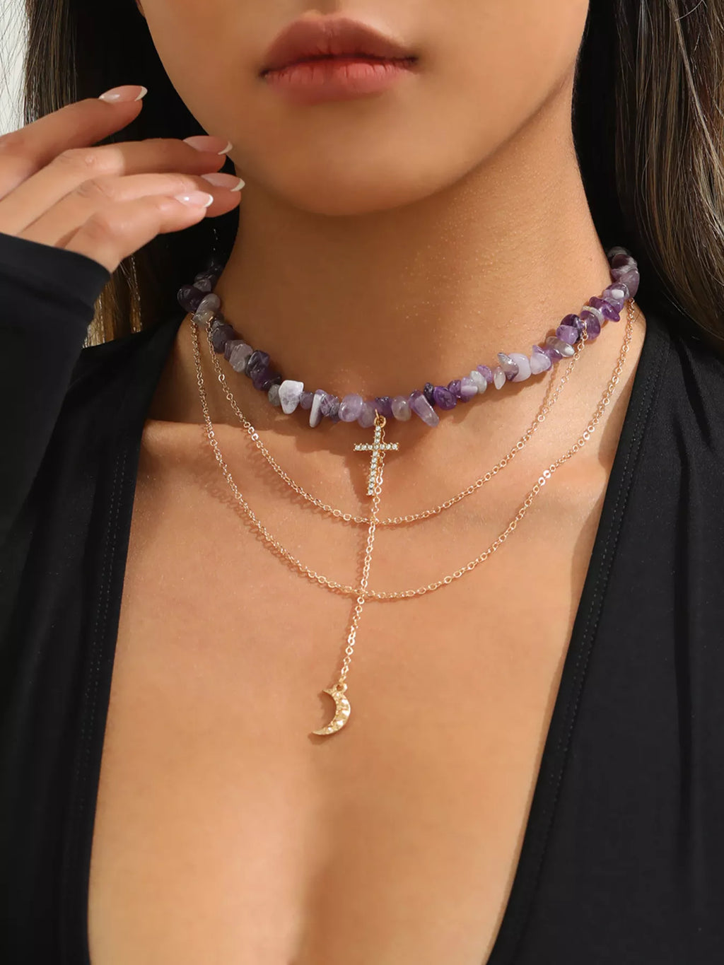Layered Cross and Moon Pendant Necklace