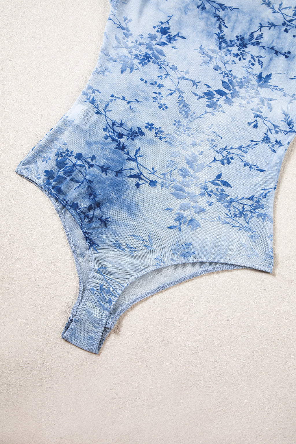 Sky Blue Sheer Mesh Floral Printed Mock Neck Long Sleeve Bodysuit