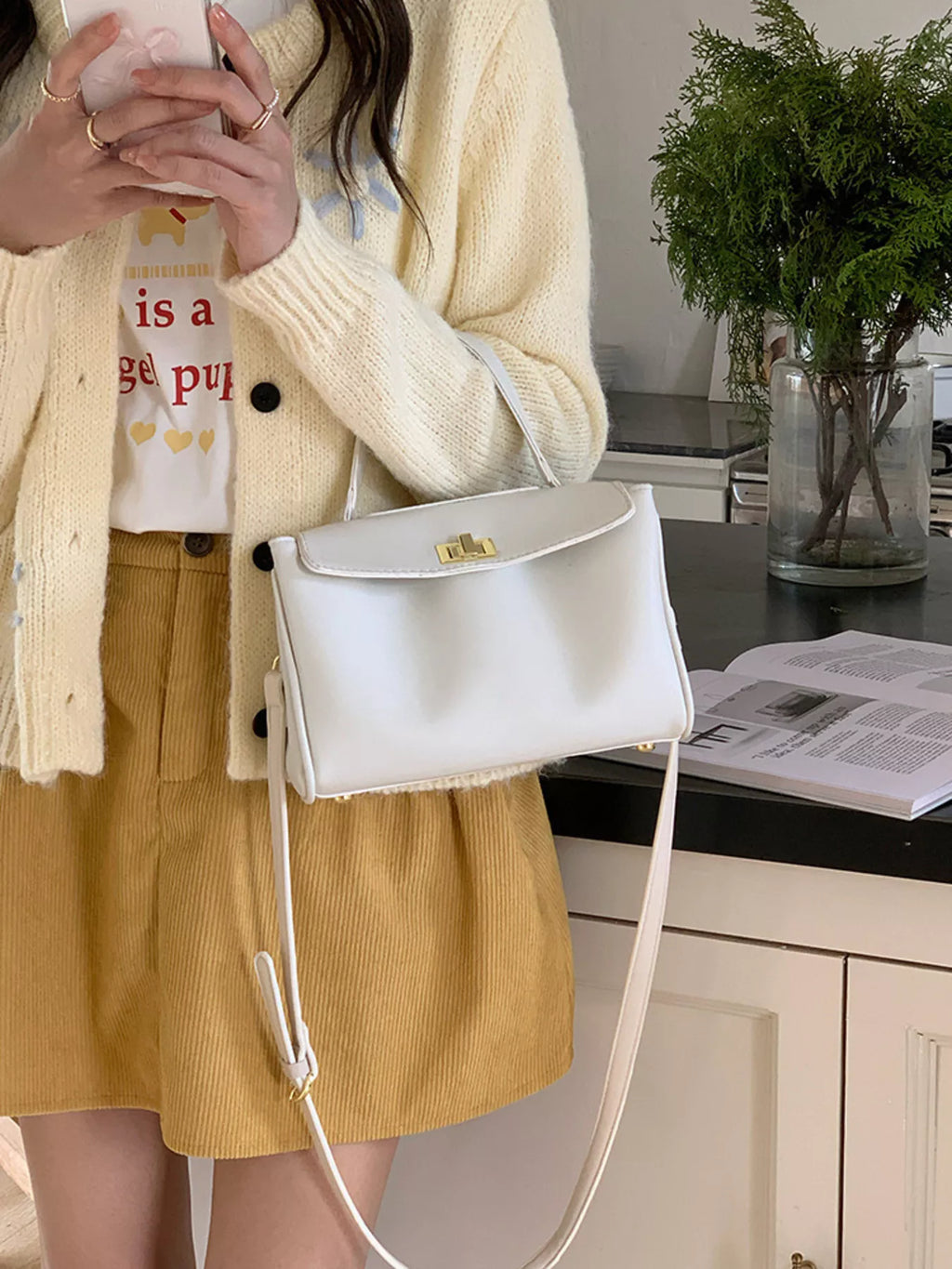 Golden Clasp Leather Crossbody Bag