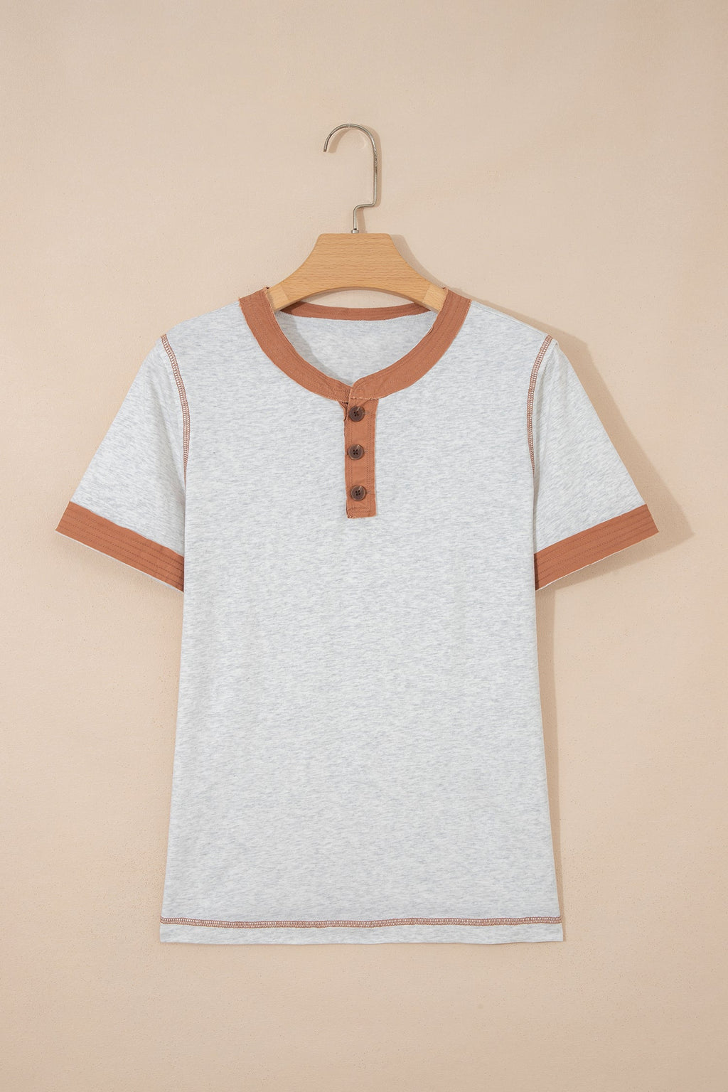 Light Grey Raw Seam Color Block Detail Buttoned Henley Tee