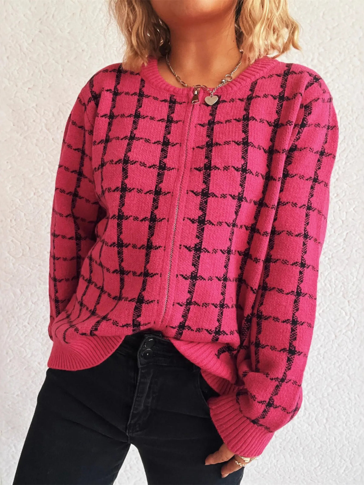 Plaid Zip-Up Cardigan with Gentle Stretch