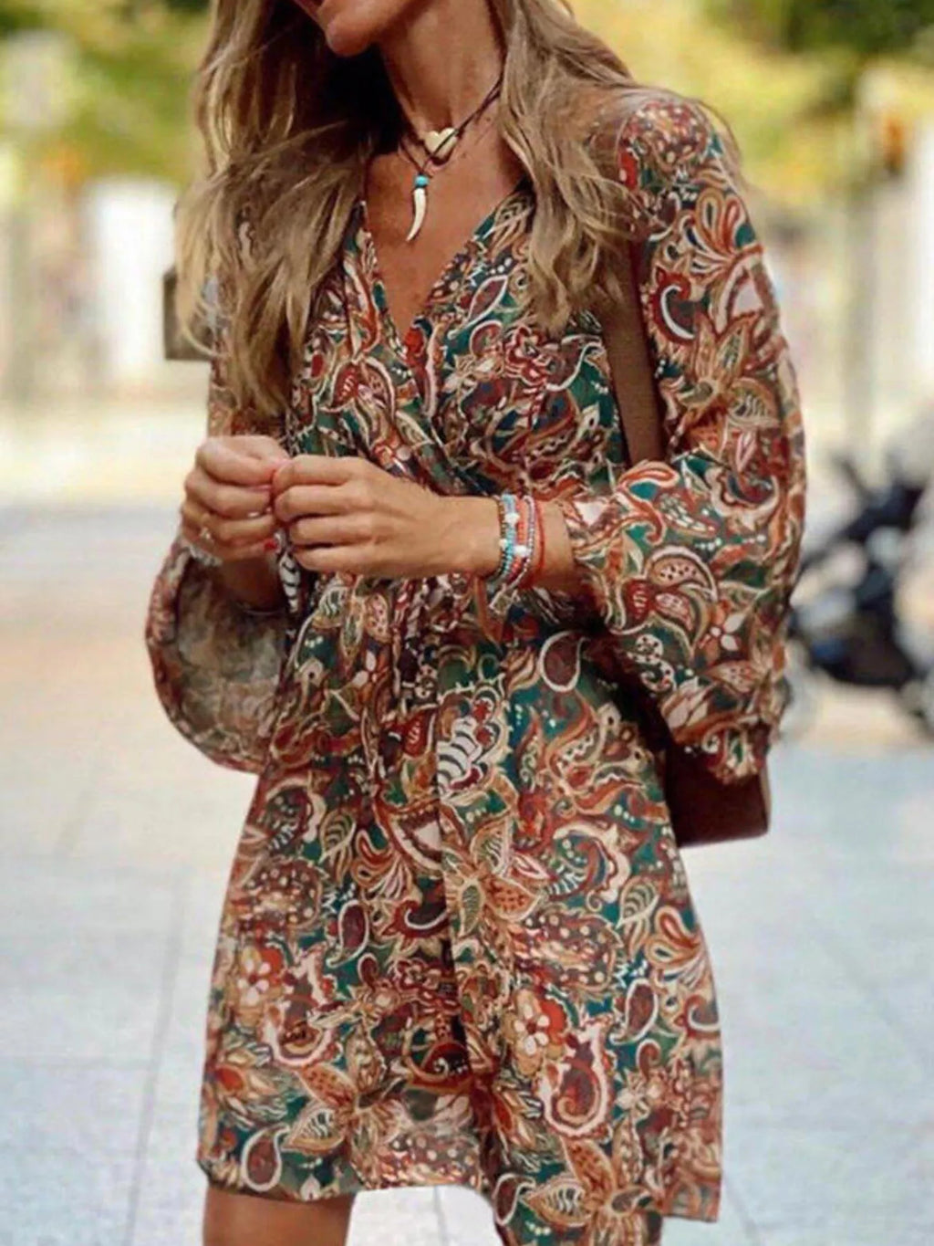 Full Size Paisley Print Long Sleeve Mini Dress Plus Size