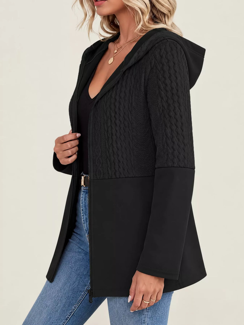 Full Size Textured Hooded Zip-Up Jacket Plus Size