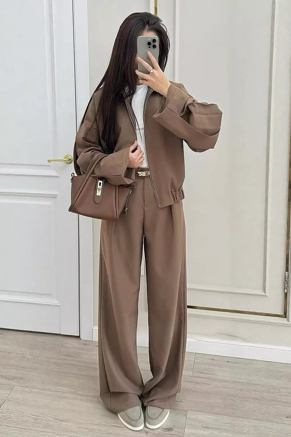 Zip-Up Jacket and Wide-Leg Pants Set