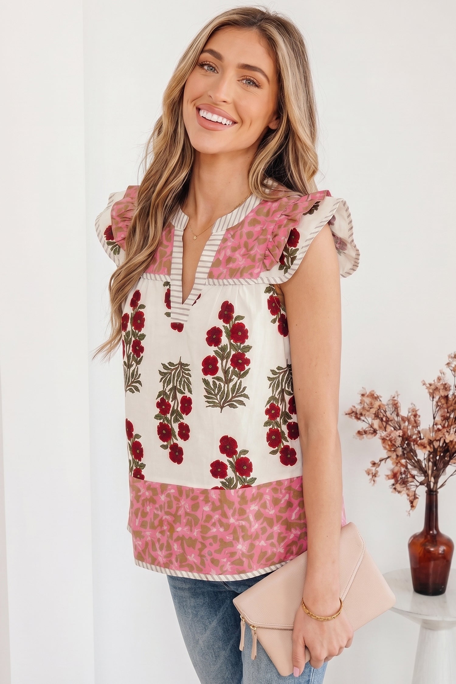 White Floral Print Contrast Striped Trim Flutter Cotton Blouse