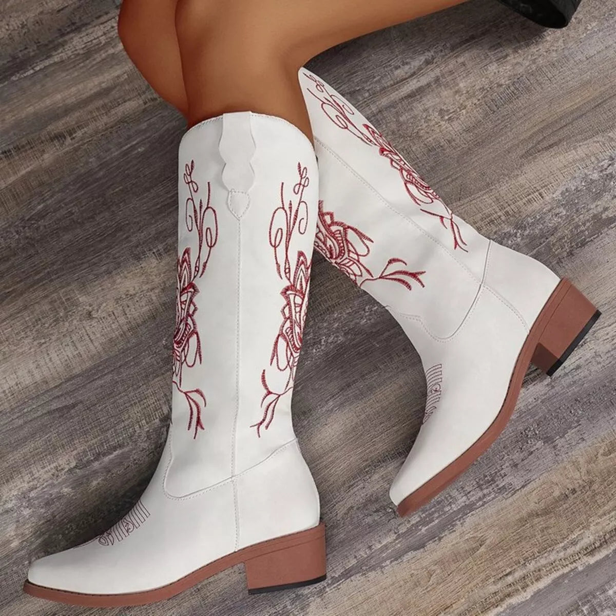 Embroidered Block Heels Boots