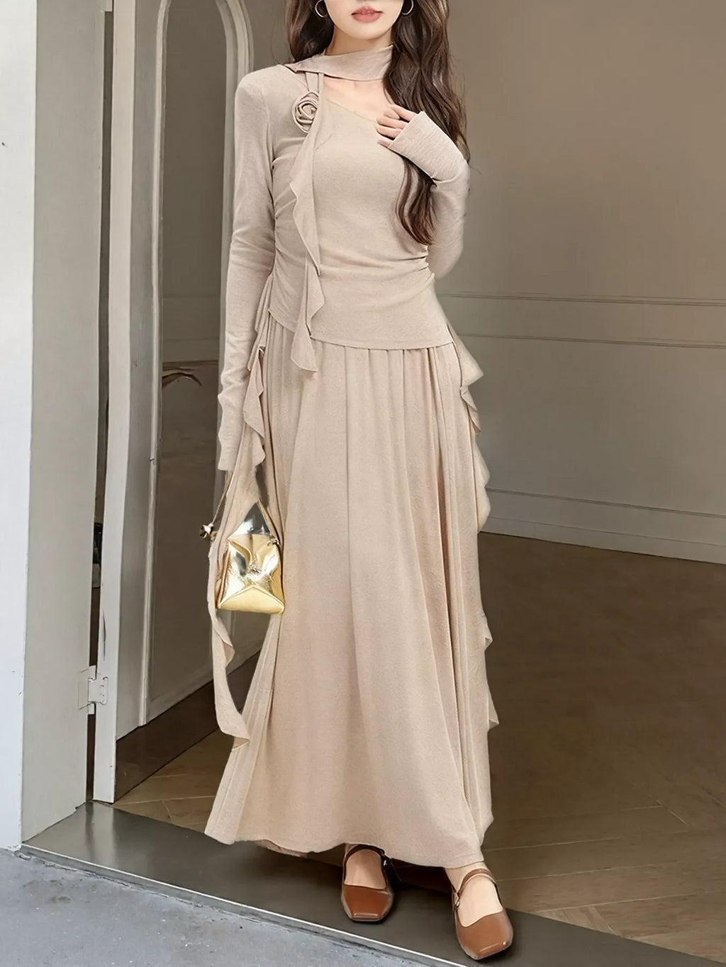 Ruffled Long Sleeve Knit Top and Maxi Skirt Set