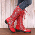 Embroidered Lace-Up Block Heel Boots