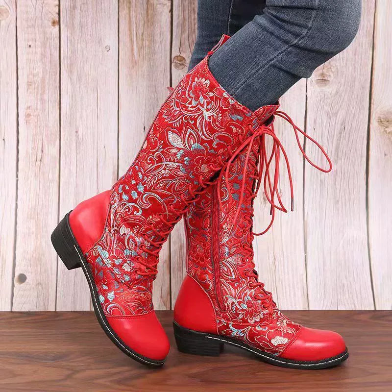 Embroidered Lace-Up Block Heel Boots