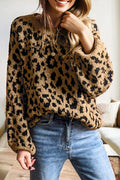 Leopard Ribbed Trim Crewneck Drop Shoulder Sweater
