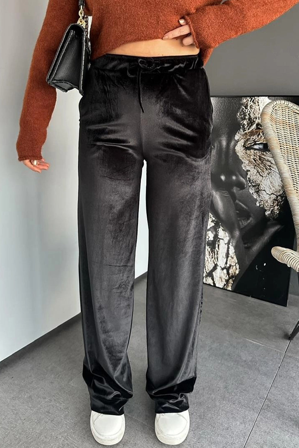Black Shiny Velvet Drawstring High Waist Straight Leg Casual Pants