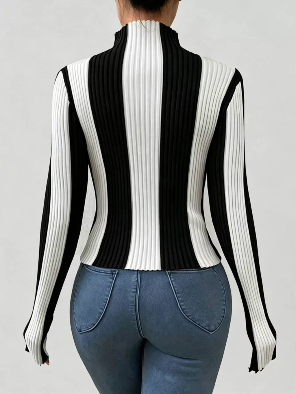 Color Block Turtleneck Ribbed Knit Top