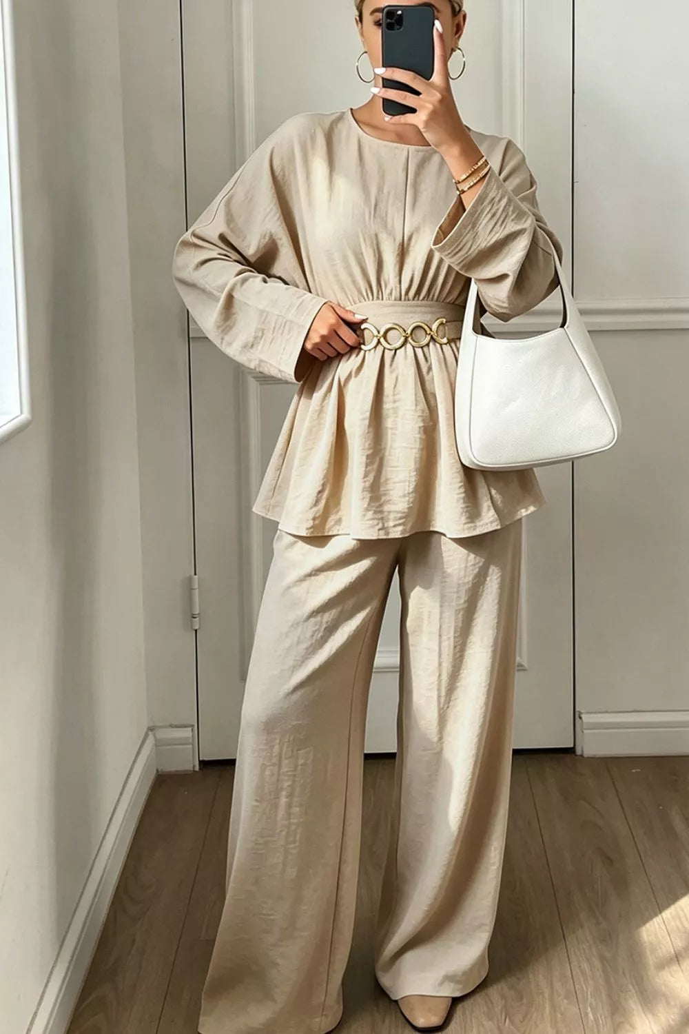 Metal Chain Waist Detail Top and Pants Set