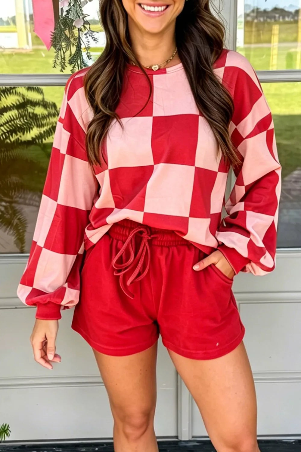 Checkerboard Top and Drawstring Shorts Cozy Set
