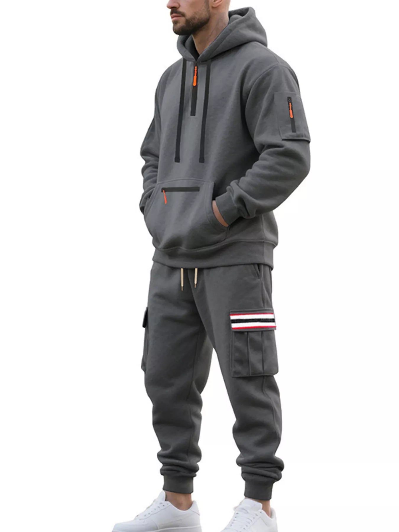 Men's Full Size Casual Half-Zip Hoodie and Cargo Pants Set Plus Size