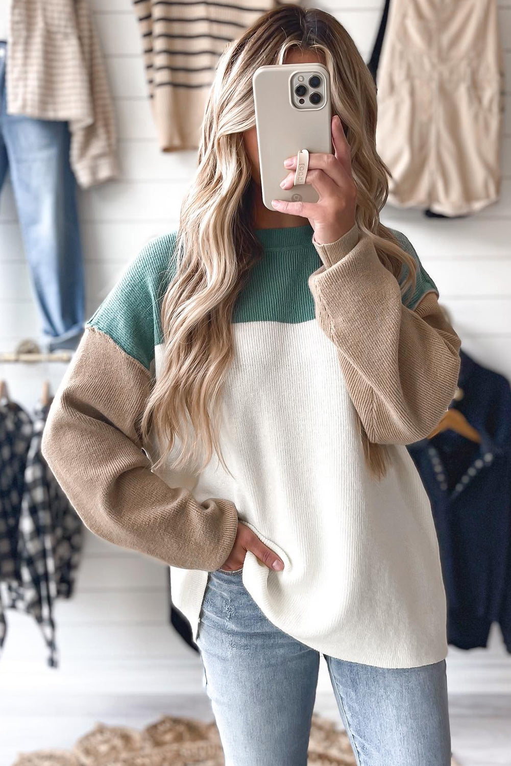 Colorblock Ribbed Knit Long Sleeve Sweater