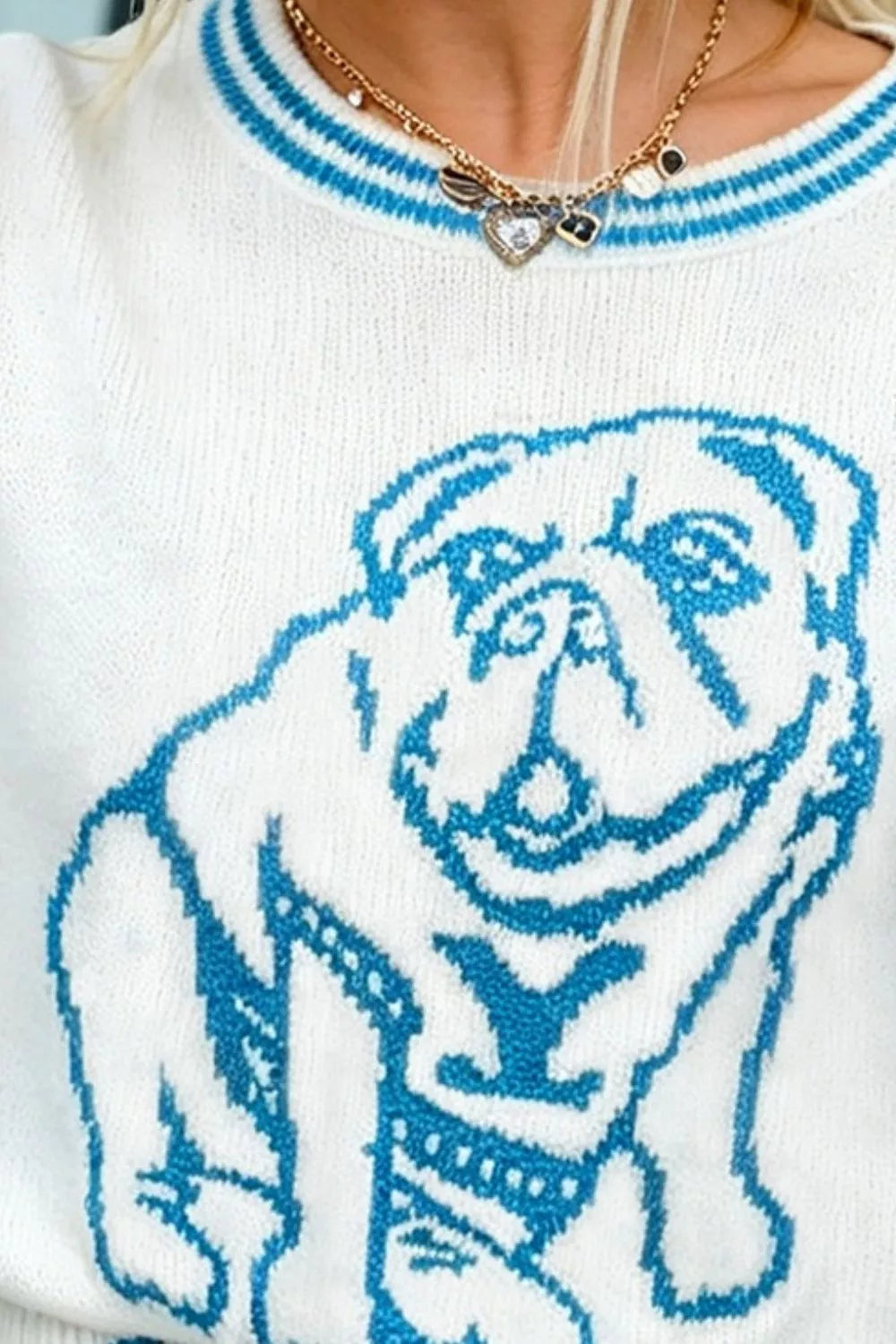 Bulldog Graphic Striped Trim Sweater