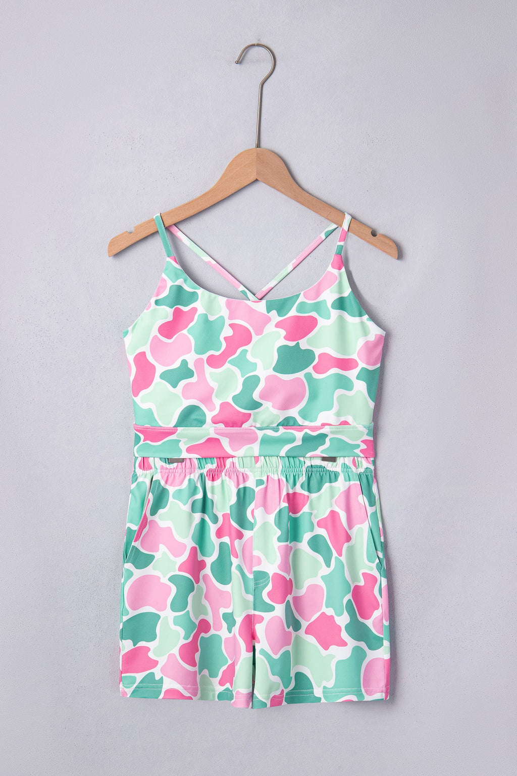 Green Camouflage Printed Cropped Tank Athleisure 2pcs Short Set