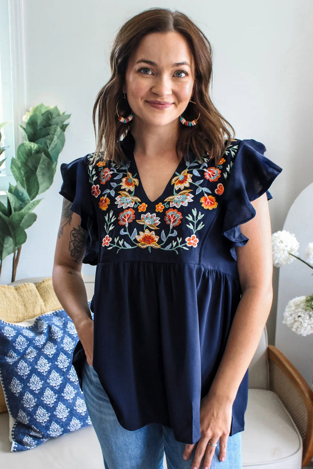 Dirty Blue V Neck Ruffled Sleeve Floral Embroidered Detail Babydoll Blouse