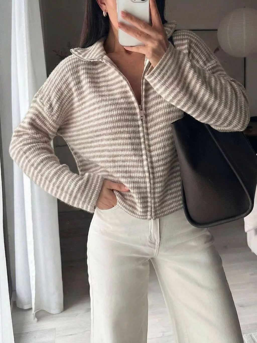 Striped Zip-Up Knit Cardigan