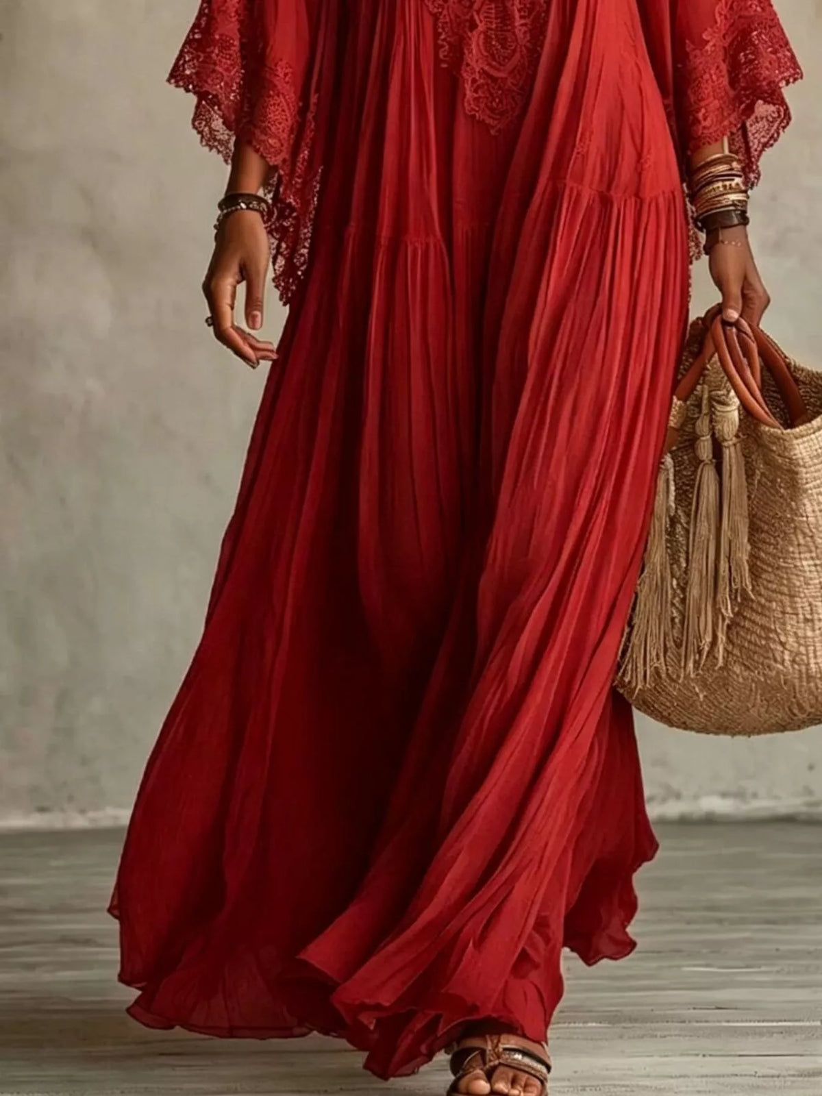 Lace Trim V-Neck Maxi Dress