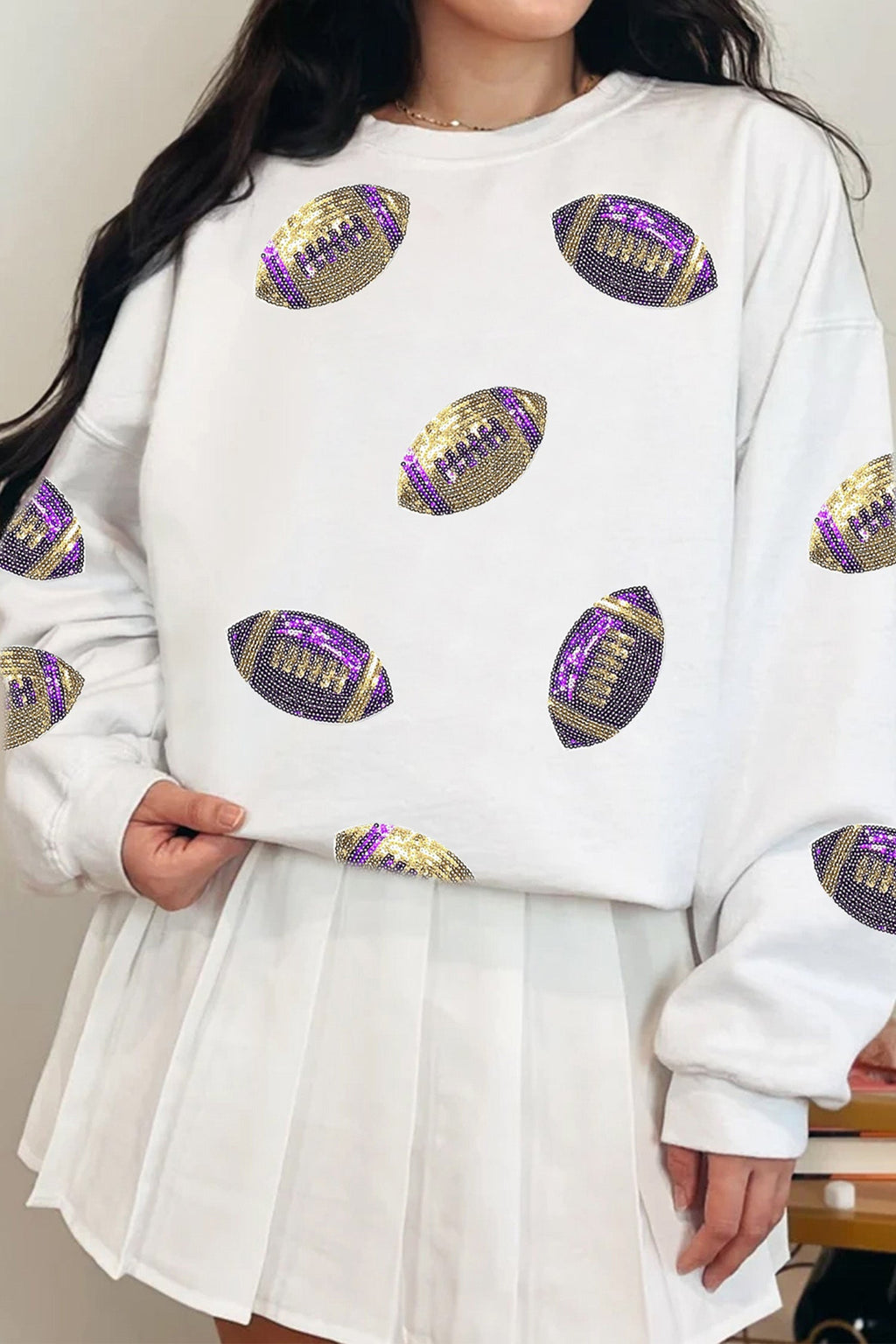 White Game Day Sequin Rugby Pattern Baggy Sweatshirt