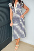 Blue Stripe Ruffled Short Sleeve Contrast Trim Button Notched Neck Midi Dress