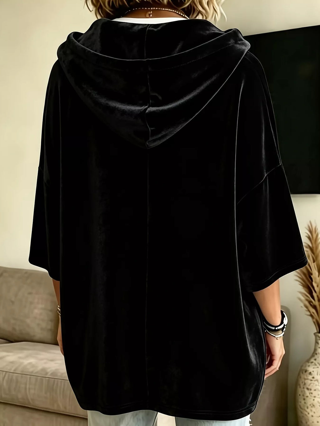 Full Size Velvet 3/4 Sleeve Hoodie with Kangaroo Pocket Plus Size