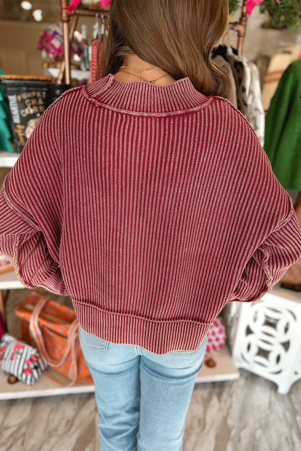 Red Dahlia Drop Shoulder High Neck Ribbed Sweater
