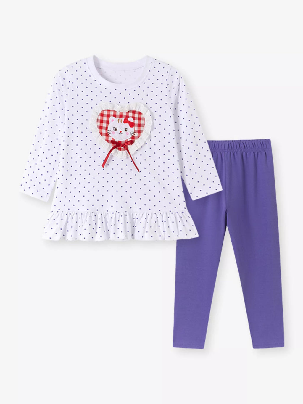 Children's Cat Polka Dot Peplum Top and Solid Leggings Set