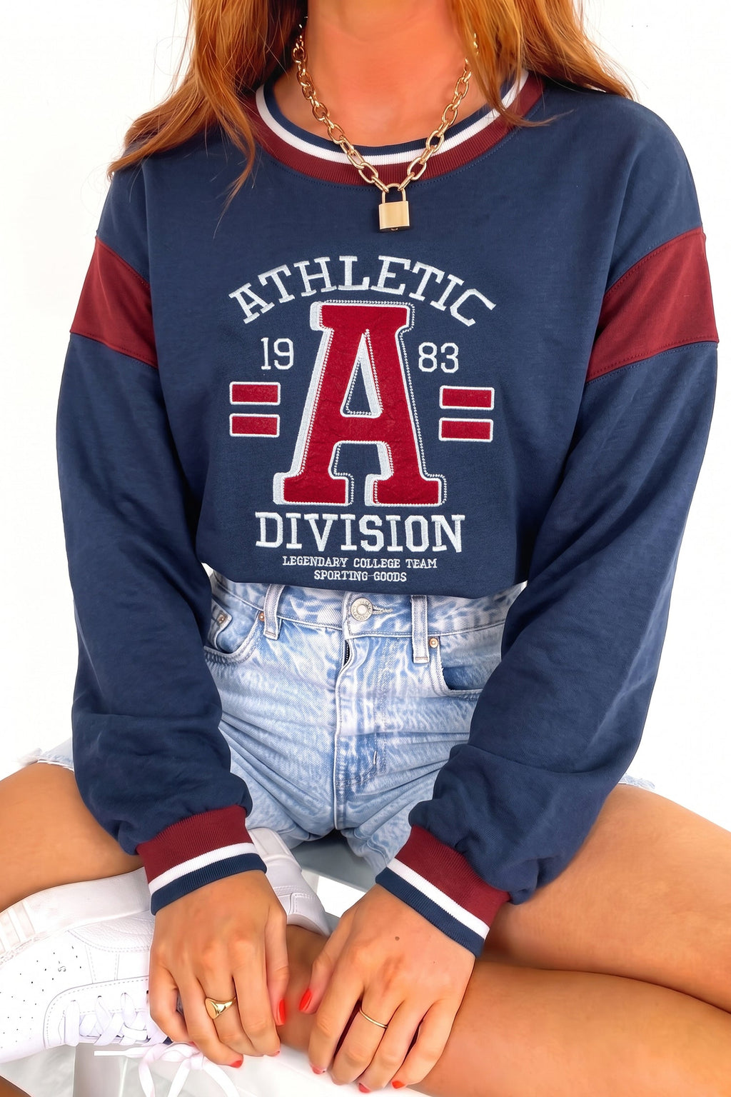 Sail Blue Patchwork Round Neck Long Sleeve Sweatshirt