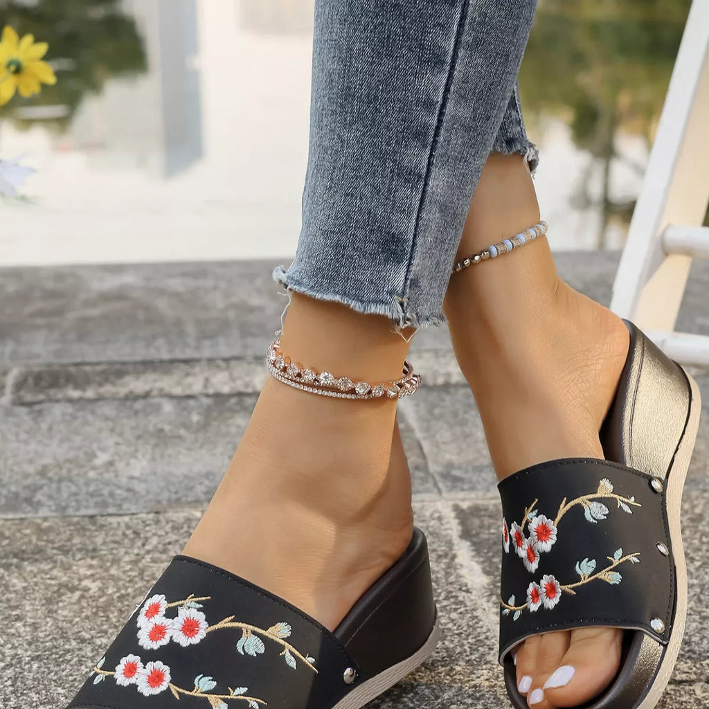 Floral Embroidered Wedge Sandals