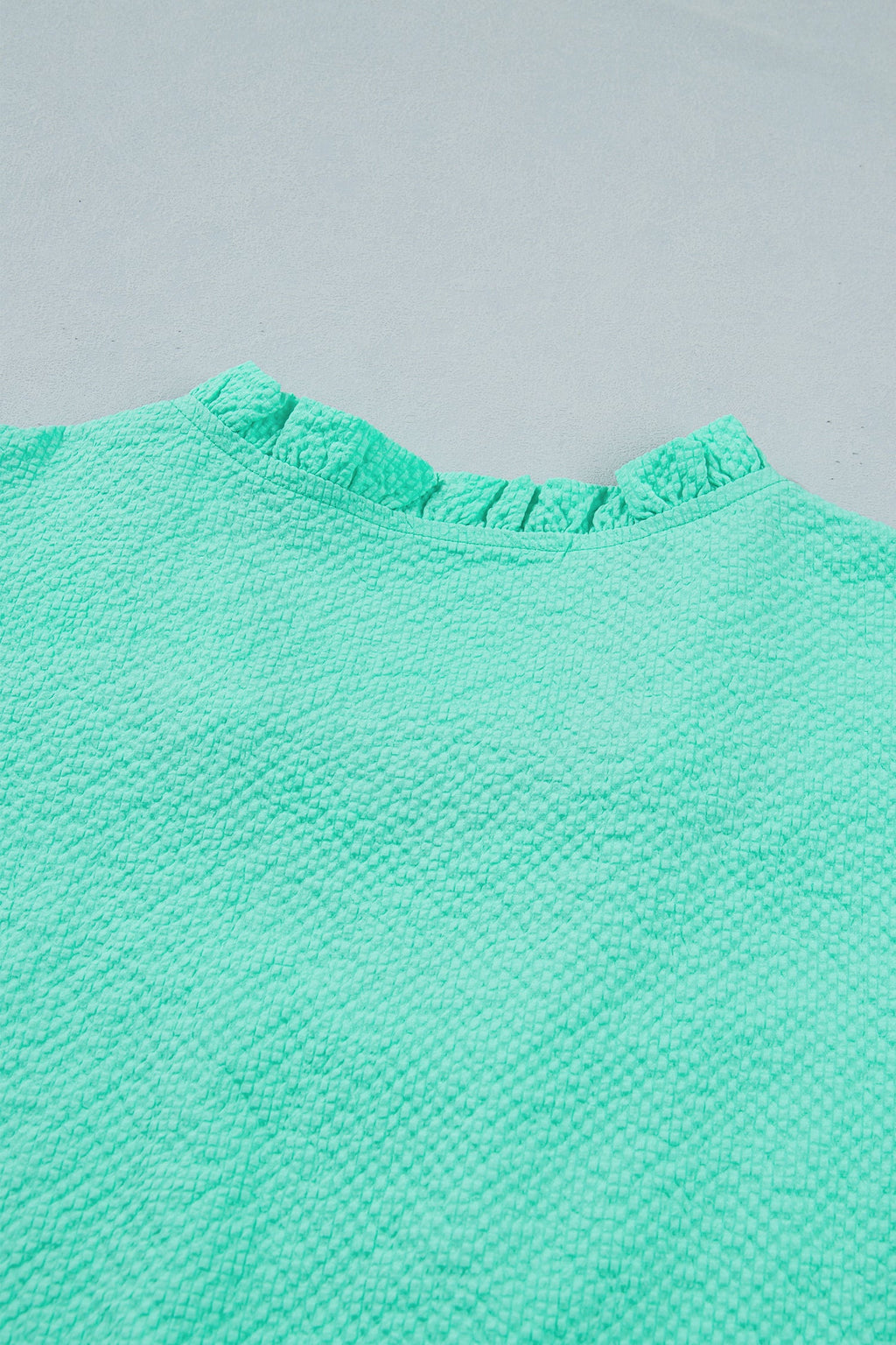 Mint Green Frilled V Neck Flower Embroidered Puff Sleeve Textured Blouse