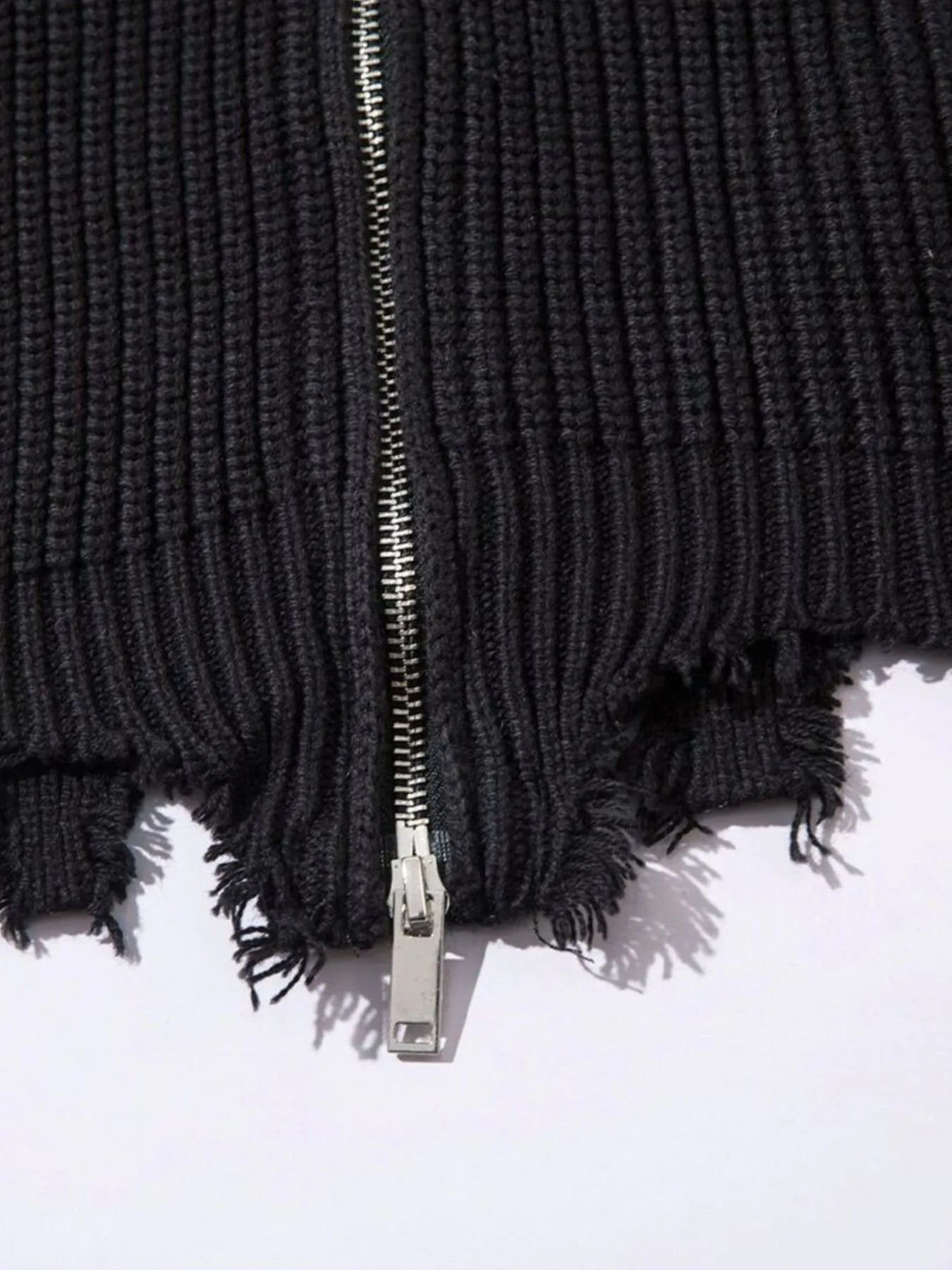 Men's Distressed Hem Ribbed Knit Zip-Up Cardigan