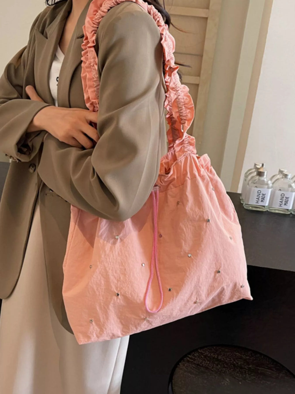 Studded Ruched Strap Handbag