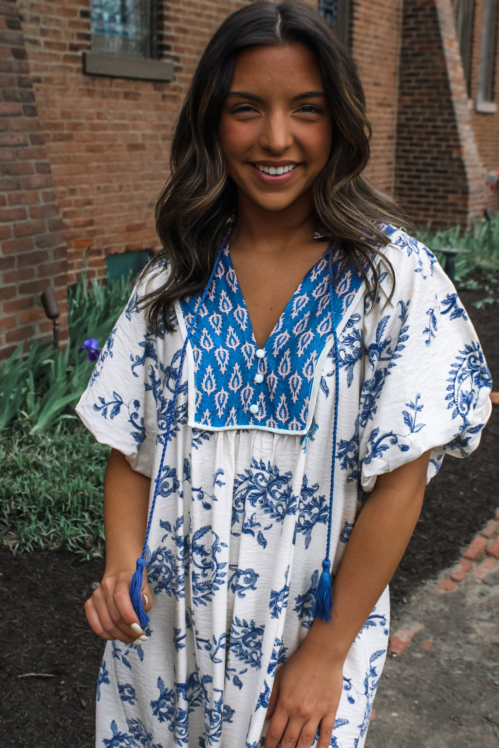 Sky Blue Boho Abstract Print Contrast Trim V Neck Tassel Tie Dress