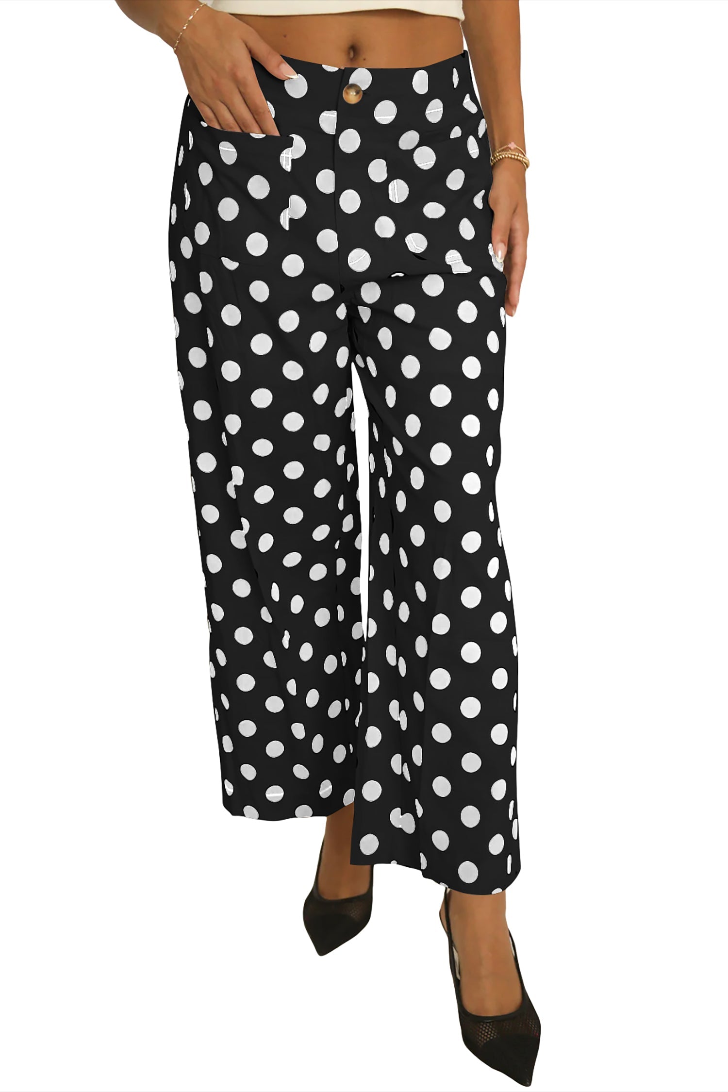 Black Polka Dot Print Patched Pocket Mid-rise Straight Leg Pants