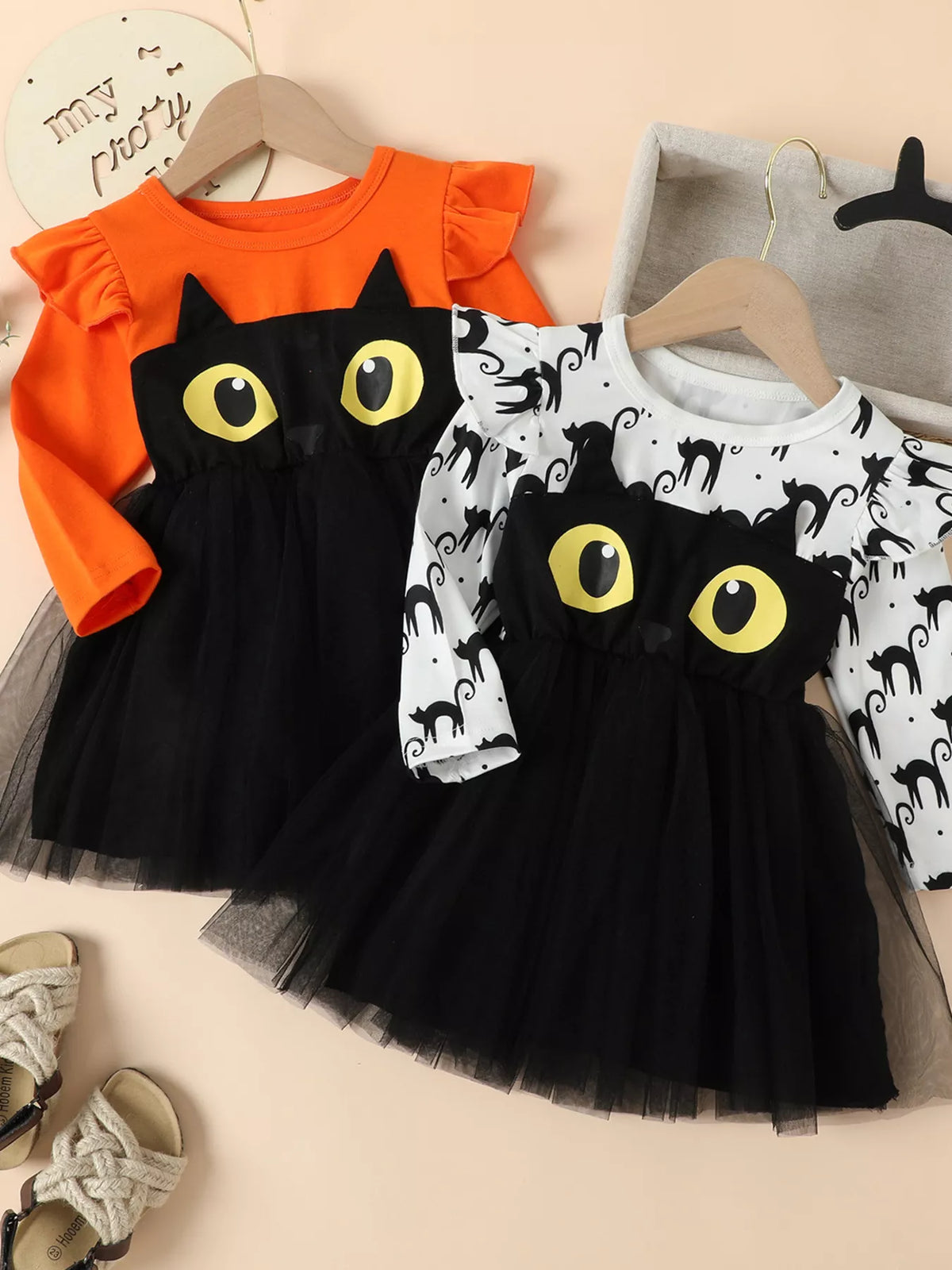 Children's Halloween Cat Eye Ruffle Tulle Dress