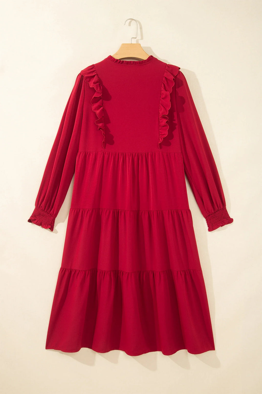 Solid Ruffle Trim Long Sleeve Tiered Midi Dress