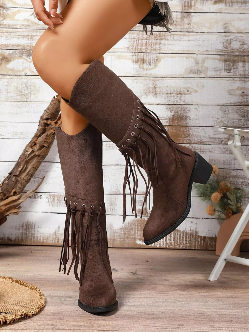 Fringe Point Toe Block Heels Boots