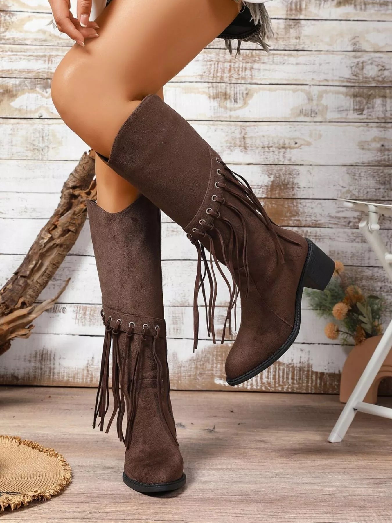 Fringe Point Toe Block Heels Boots
